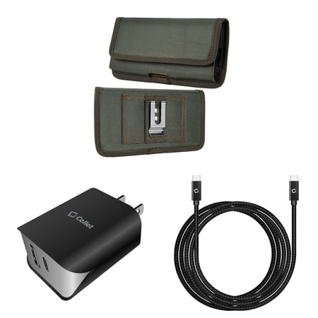Holster and Wall Charger Bundle for Samsung Galaxy A23 5G: Horizontal Rugged Nylon Belt Pouch Case (Midnight Green) and UL Certified 18W Dual USB Port (Type-C & USB-A) Power Adapter