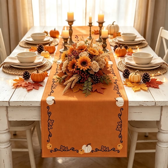 Cififendec Thanksgiving Harvest Table Runner, 72"×13", Orange Tablecloth with Pumpkin Maple Leaf Border Print for Dining Table Fall Feast Layout