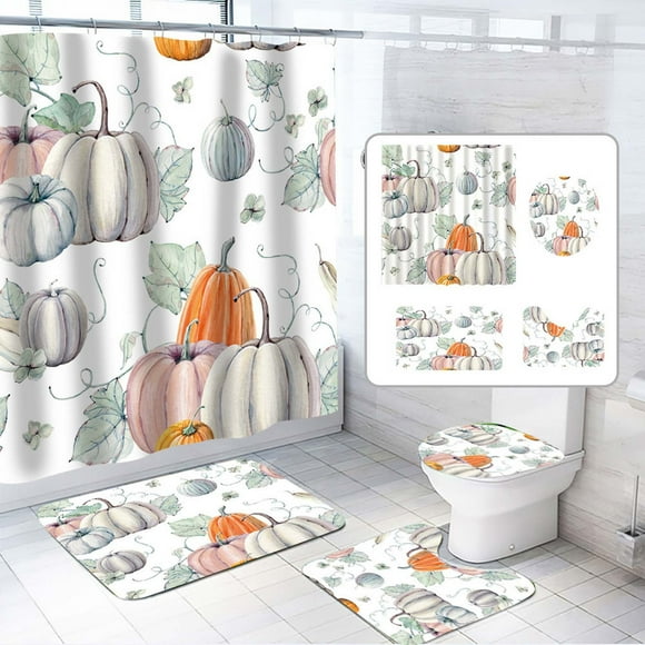 Cyber&Monday Deals 2024 Yanzu Thanksgiving Watercolor Pumpkin Shower Curtain Set, Polyester Bathroom Decor, Four-Piece Floor Mat and Shower Curtain Set for Fall Bathroom Decor Black&Friday Deals