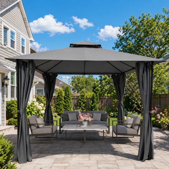 HOTEEL 10x10 Gazebos for Patios, Canopy Tent Outdoor Gazebo Backyard Gazebo Patio with Curtains and Double Roof for Party, Wedding, BBQ and Event, Gray