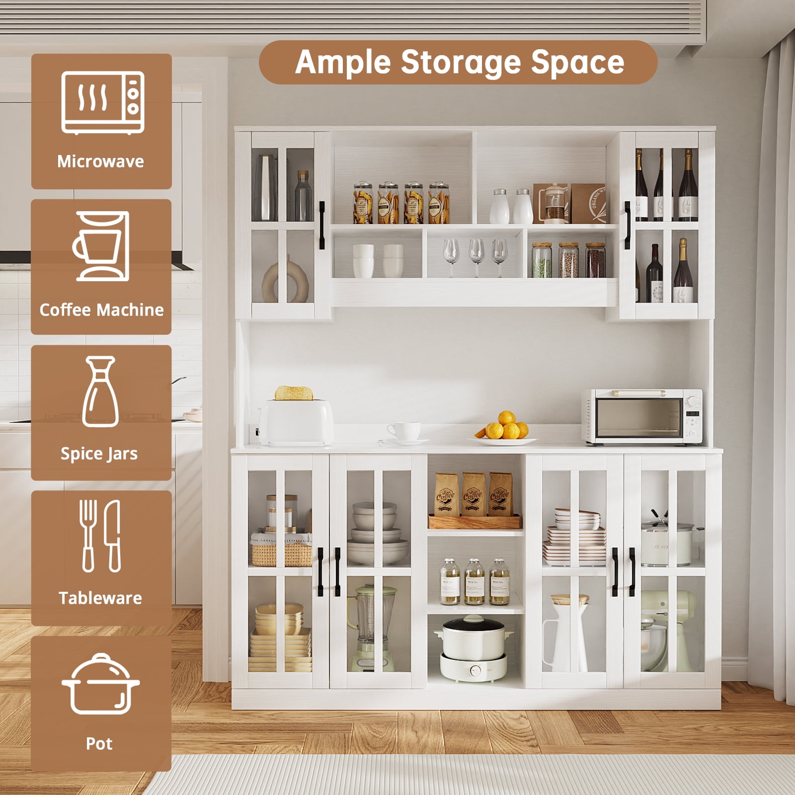 RichYa Pantry Cabinet with Hutch,Kitchen Storage Cabinet with Doors and Shelves,Coffee Bar with 59"Wide Countertop for Dining Room,White(X)