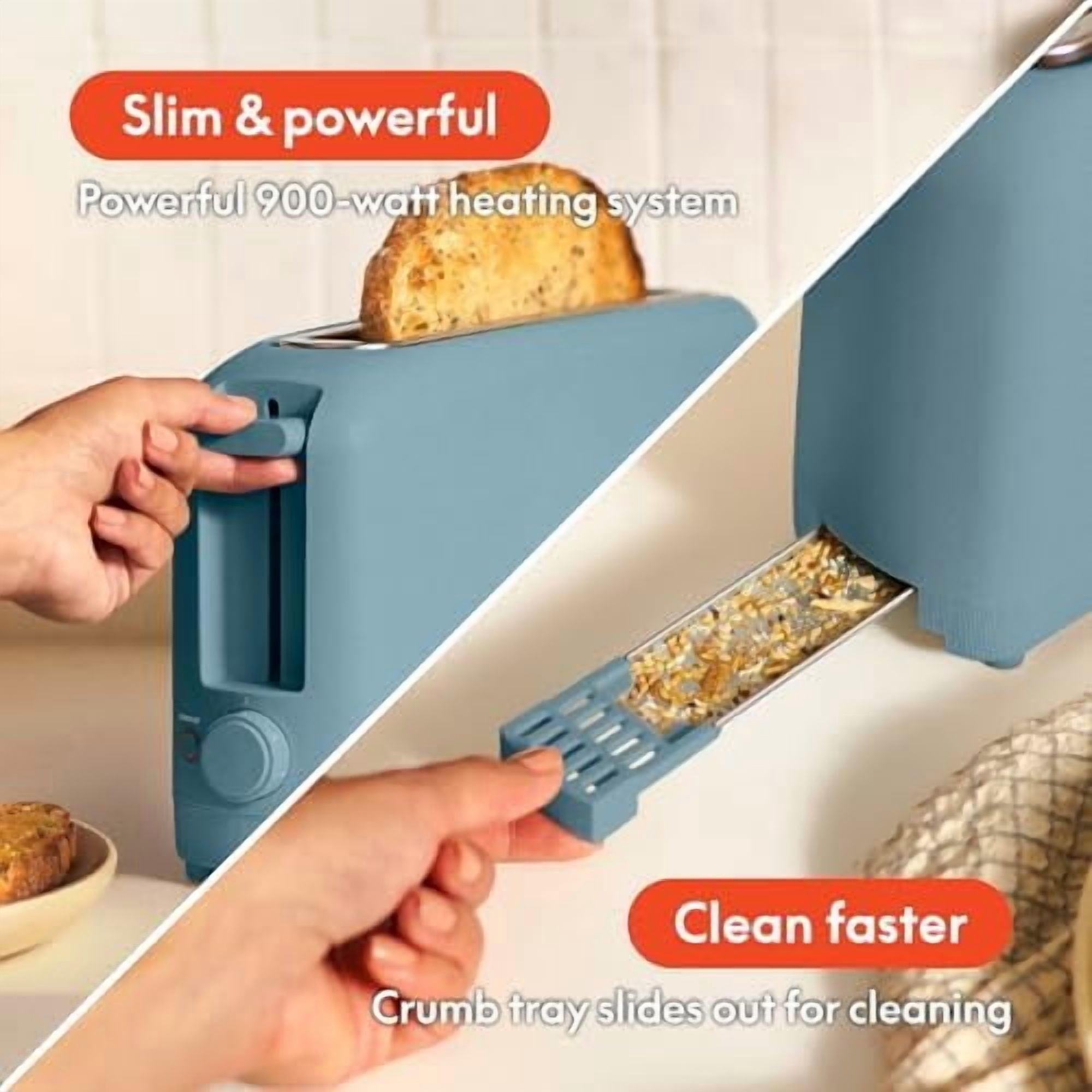 2 Slice Slim Toaster, Fits-anywhere™ Kitchenware, 6 Setting Shade Control with Reheat & Cancel Buttons, Fits Sourdough, 10” Long Slot, Anti Jam & Auto Shutoff, 900 Watt, Surf