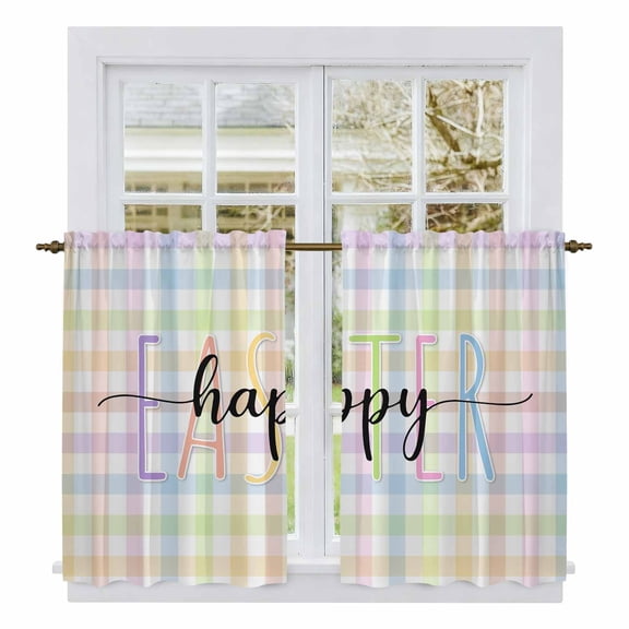 Easter Kitchen Curtains 54 Inch Length, Colorful Checkered Plaid Spring Gingham Textured Tiers Curtains for Bathroom Bedroom Cafe, Light Filtering Small Window Treatment Drapes 2 Panels 42"Wx54"L