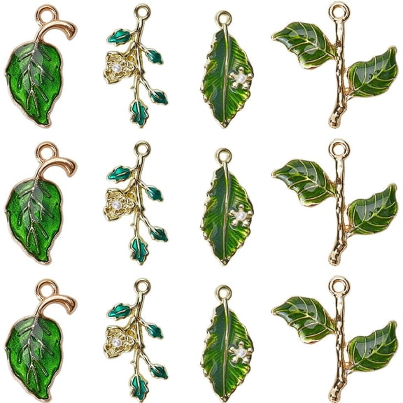 1 Box 40Pcs 4 Styles Green Enamel Leaf Charms Metal Leaves Charm Bulk Golden Alloy Plant Branch Mini Dangle Charm Charms Bracelets Necklace Earring DIY Crafts Supplies