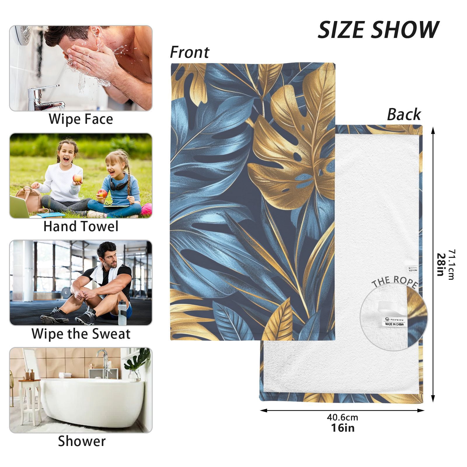 Blue and Gold Leaves Hand Towels Cotton Bath Towels Large Face Towels Absorbent for Bathroom 2 Packs