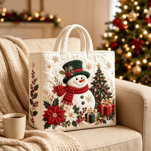 1 Pc Christmas snowman pine tree gift printed wide-stitch tote bag