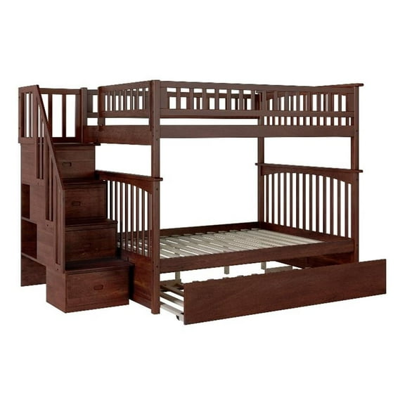 Pemberly Row Full over Full Solid Wood Bunk Bed with Trundle in Walnut