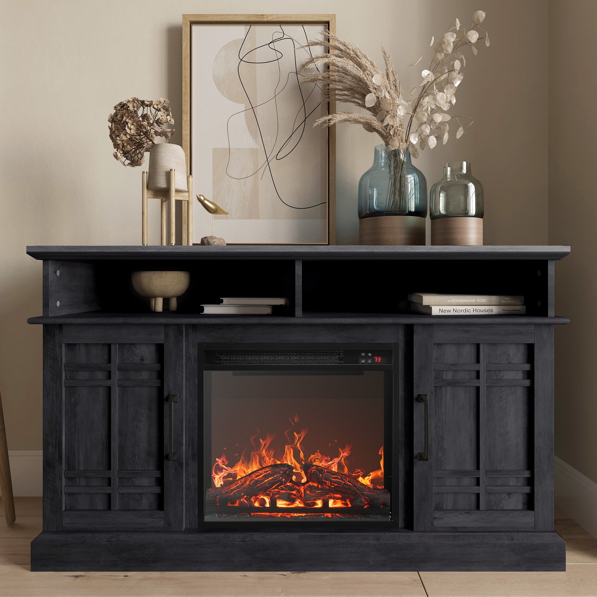 BELLEZE 47" TV Stand with 18" Electric Fireplace, Modern Electric Fireplace TV Stand for TVs up to 50", Entertainment Media Stand with Storage - Norrell (Rustic Grey)