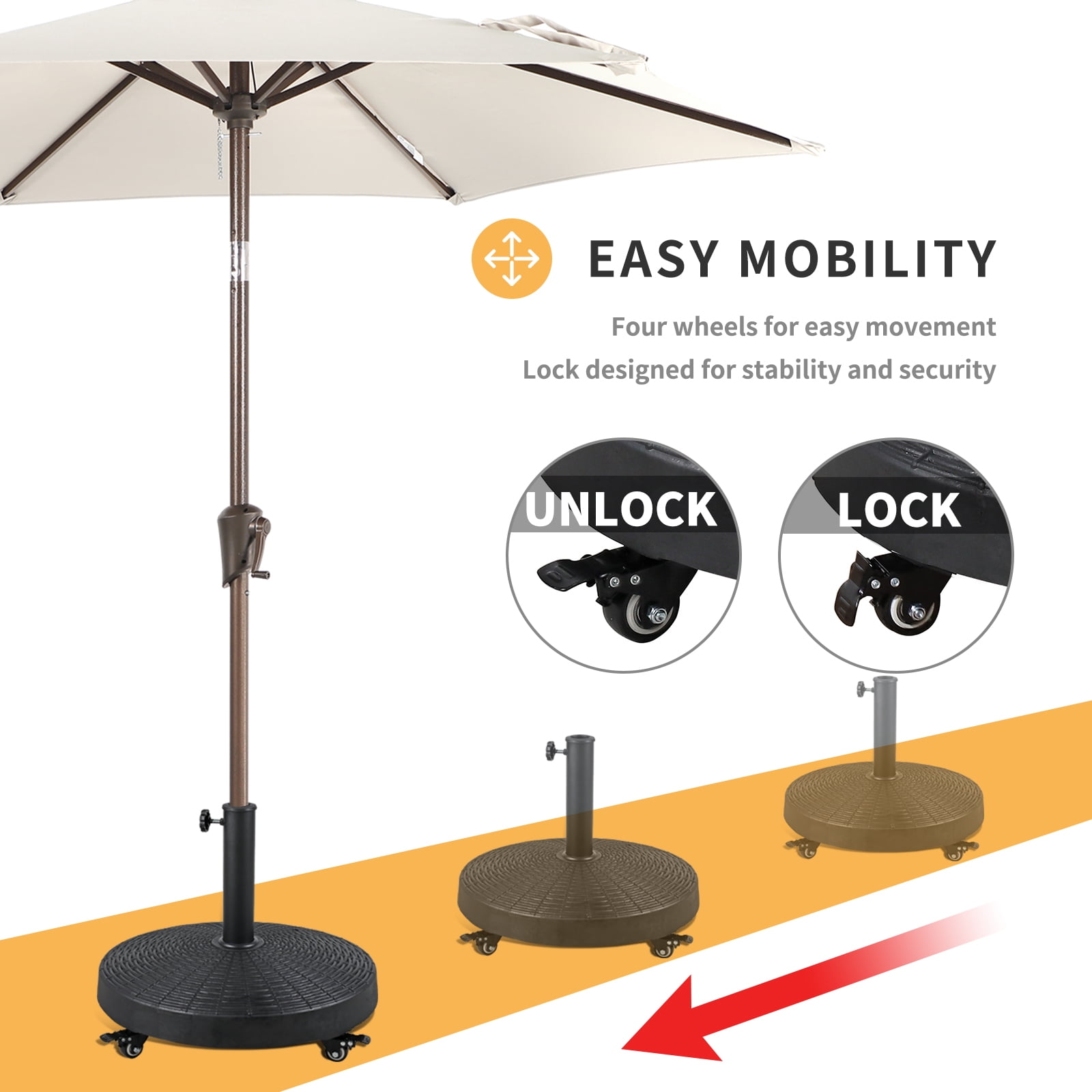 COBANA Patio Umbrella Base with Lockable Wheels, Heavy-Duty Stand Resin Weights for Outdoor Market Umbrella, 52lbs, Rattan Design, Black