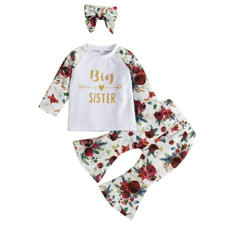 

StylesILove Toddler Girls Big Sister Flower Top & Flare Pants & Headband 3pcs Set Long Sleeve Sibling Floral Outfit (1-2 Years)