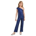 thumbnail image 2 of iiniim Kids Girls Shiny Sequins One Shoulder Pageant Jumpsuit Sleeveless High Waist Dancing Romper Navy Blue 12, 2 of 7