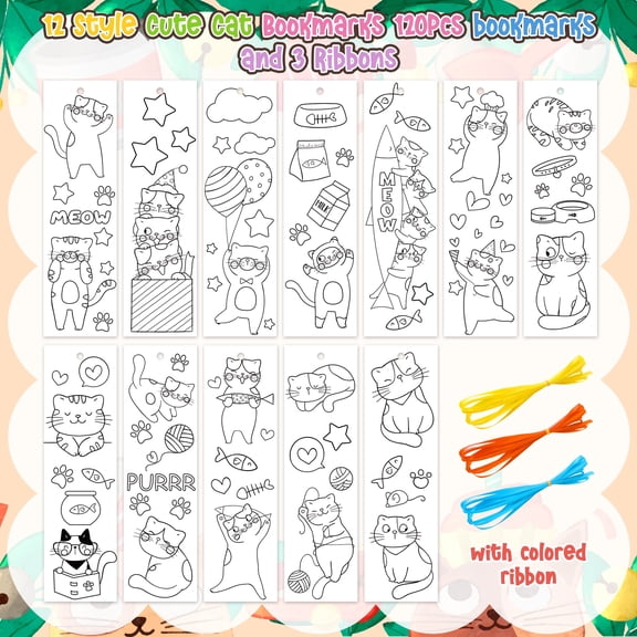Belanttega 120Pcs Cat-Themed Coloring Bookmarks for Book Lovers Adorable Book Sign Make Your Own Style of Kitten Bookmark Creativity & Reading Fun