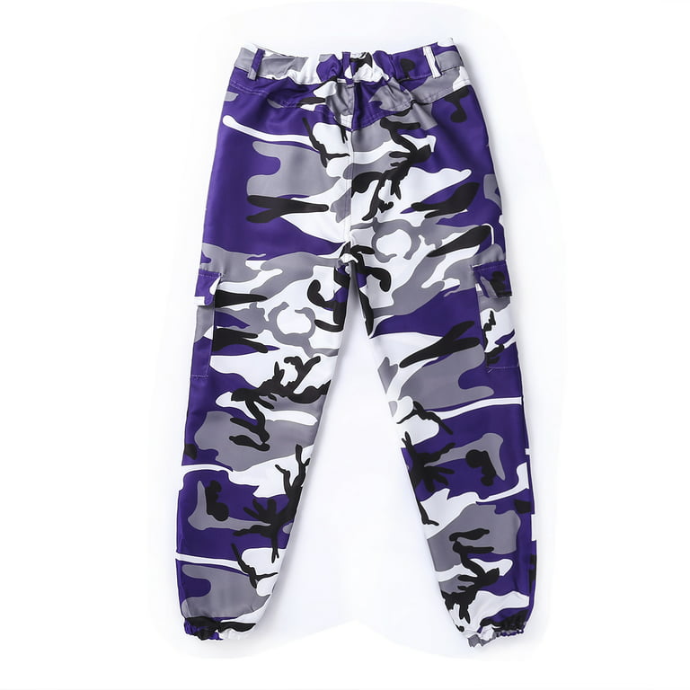 JWZUY Women's Camo Pants Cargo Trousers Cool Camouflage Pants Button Zippe  Up Elastic Waist Casual Multi Outdoor Jogger Pants with Pocket Purple XL