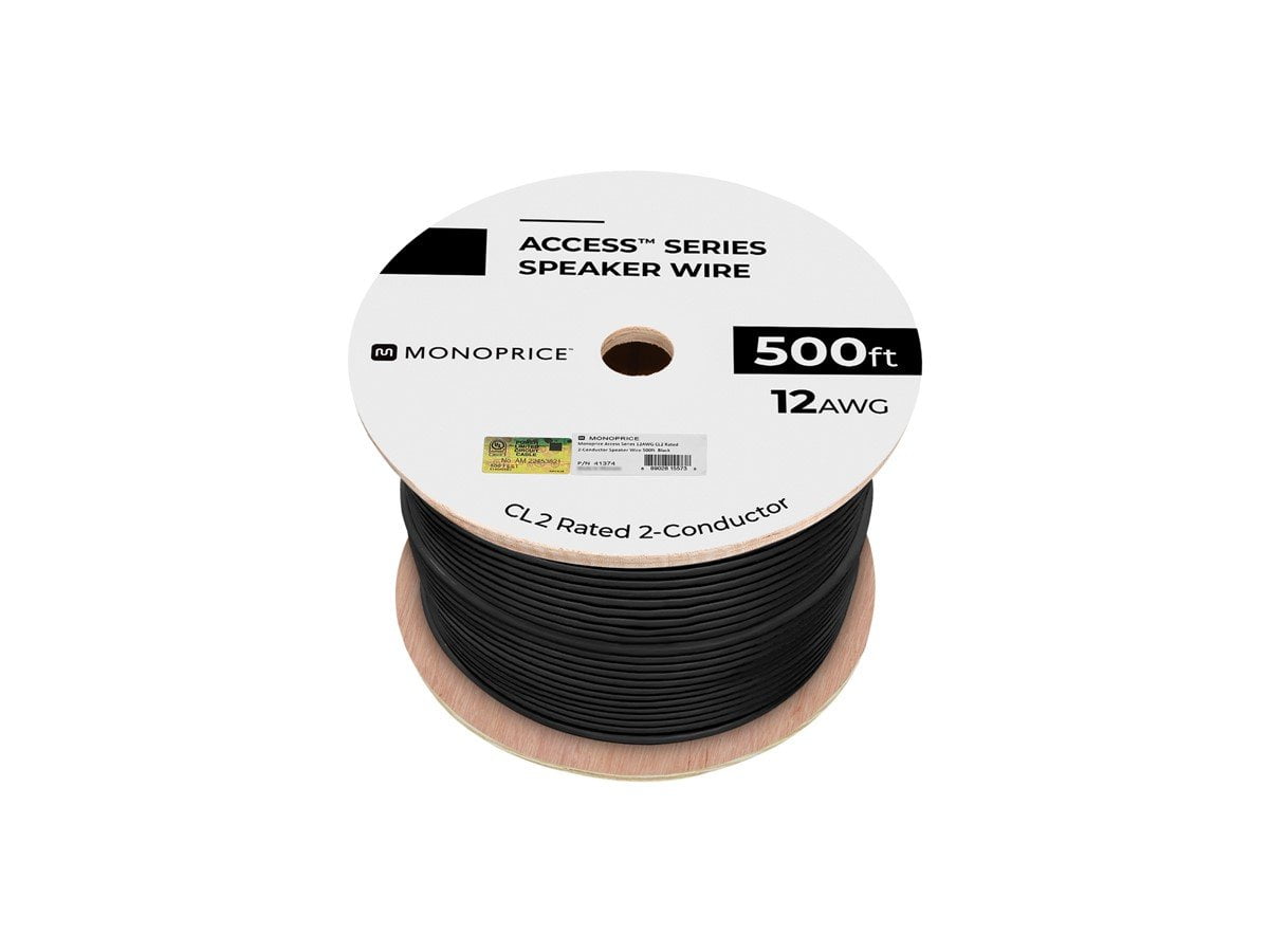 Monoprice Speaker Wire, CL2 Rated, 2-Conductor, 12AWG, 500ft, Black