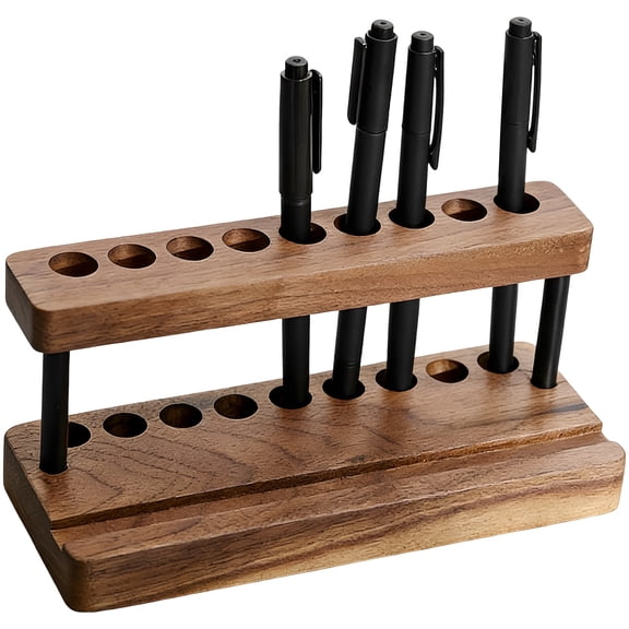 Wooden Pen Holder for Desk with Cell Phone Stand, Desktop Stationery Organizer, Brown Wood Pen Display Stand, Space-Saving