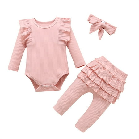 

TIREOW Children Girl s Lightweight Sets Toddler Girls Long Sleeve Ribbed Ruffled Jumpsuits and Pants with Bows Casual Autumn and Winter Baby Clothing Set