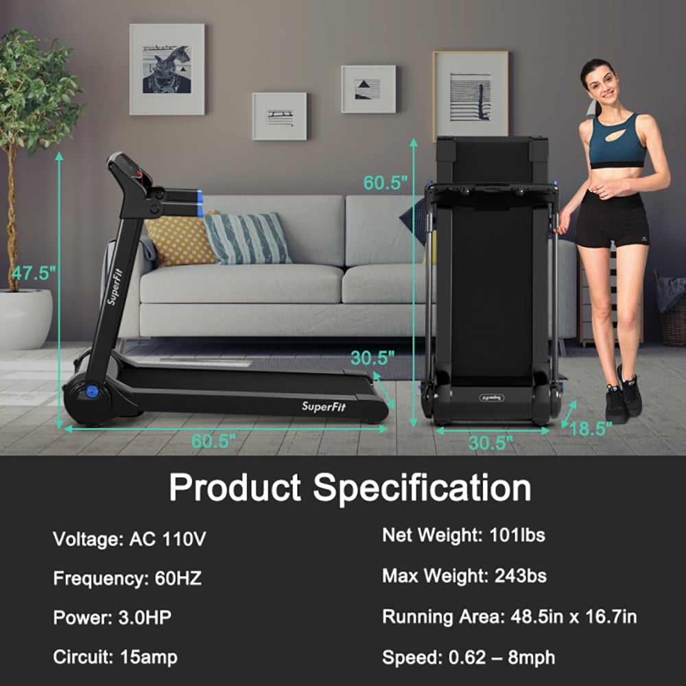 Barara King Treadmill, Electric Treadmill, Walking Jogging Machine,3HP Electric Folding Treadmill with Bluetooth Speaker-Blue