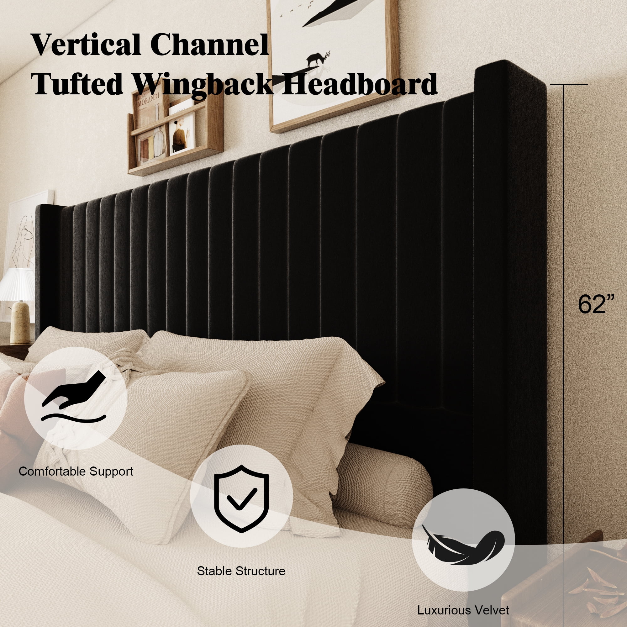 King Size Bed Frame, Upholstered Platform Bed with 62" Tall Headboard & Footboard, Soft Velvet Fabricbed Bed, Easy Assembly, Black