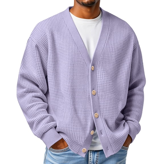 Dresfit Men's Waffle Shirt Front V Neck Cardigan Sweaters Long Sleeve Ribbed Knitted Sweater Spring Button Up Textured Big and Tall Dressy Cardigan Back To School Pullover Purple XL