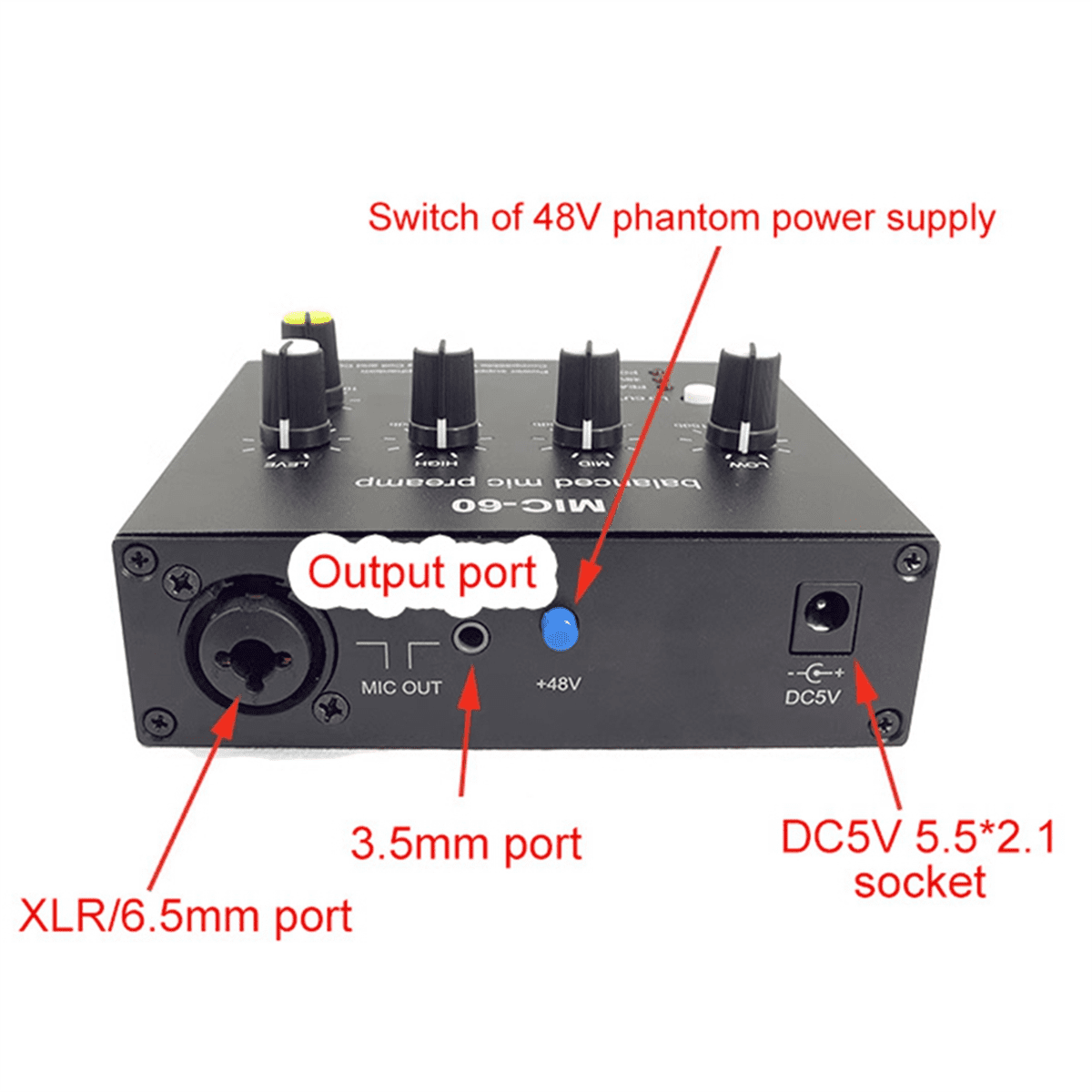MIC-60 3-Band Equalizer Balanced Mic Preamp Microphone Preamplifier with DC Cable and 3.5mm Cable