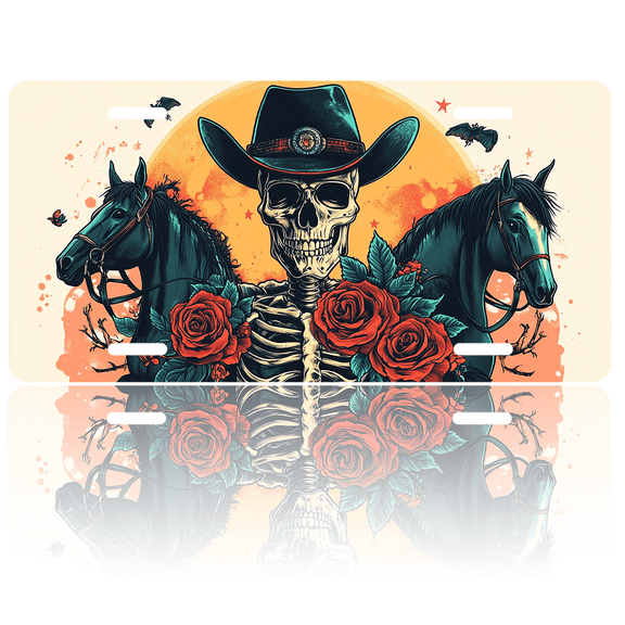 1 Pcs 2D Flat License Plate Covers & Frames, Skeleton Cowboy with Horses For Decorative Front, Waterproof For Decoration Aluminum License Plate Covers & Frames Cover For Men Women, 12" X 6"