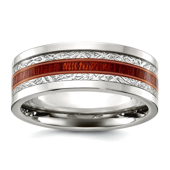 Stainless Steel Polished With Wood and Imit. Meteorite Inlay 8mm Band Size 12.5 Ring for Women and Men