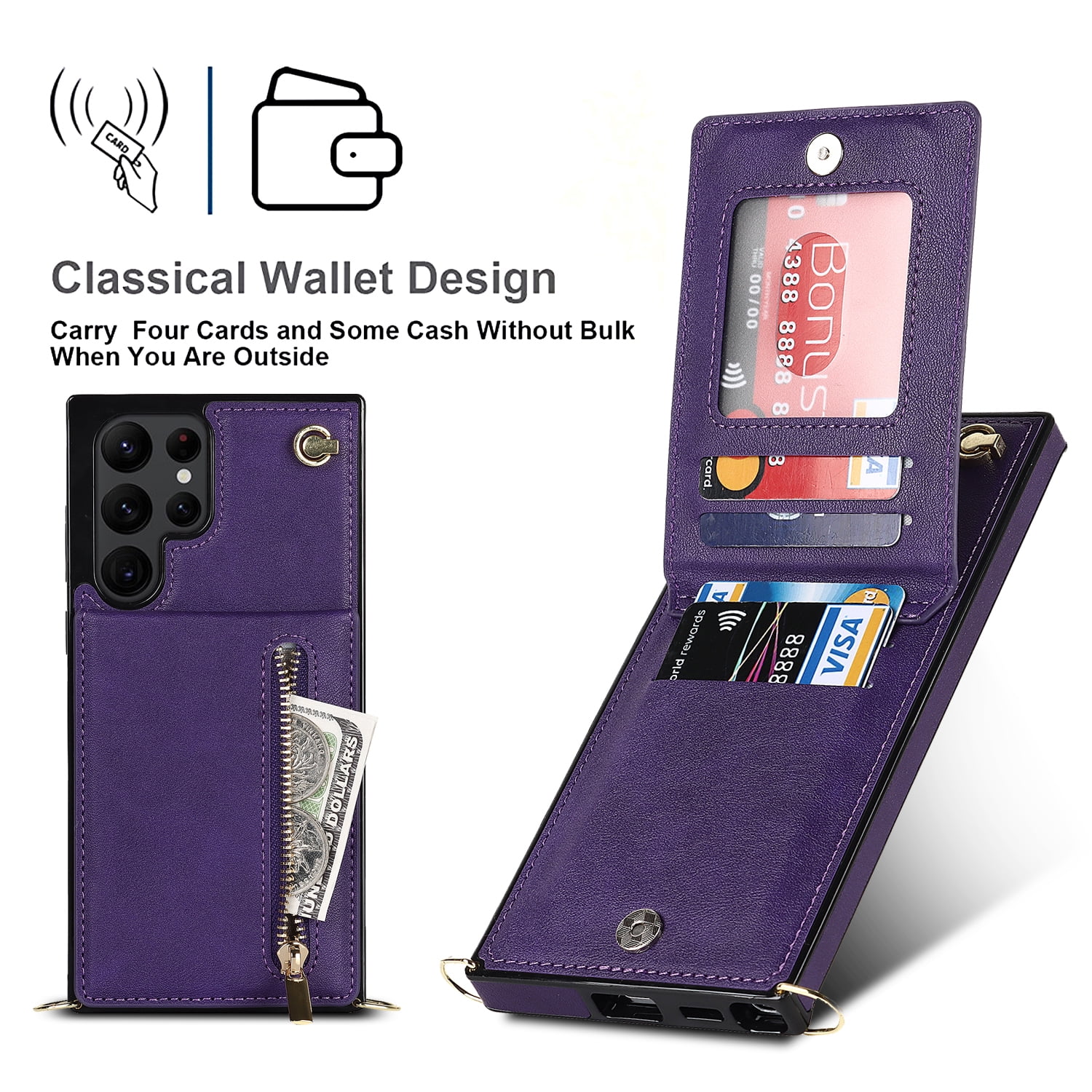 Dteck Flip Leather Wallet Case for Samsung Galaxy S24 Ultra, Crossbody Wallet Case with Credit Card Holder Zipper Pocket Lanyard Shoulder Strap, Kickstand Phone Cover for Samsung S24 Ultra,Purple