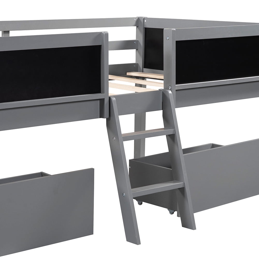 Kadyn Twin Size Low Loft Bed with Two Drawers,with Decorative Guardrail Chalkboard,Gray