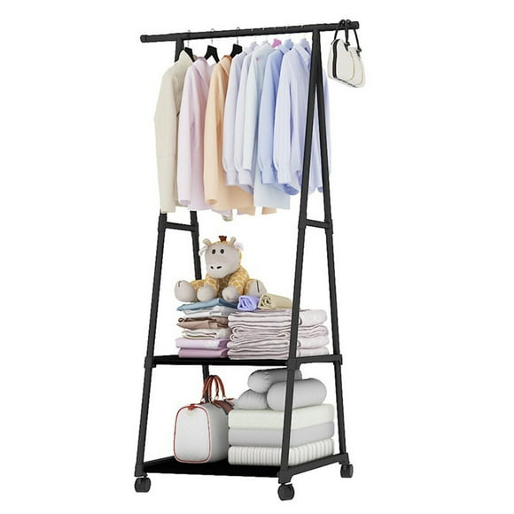 1PC Multifunctional Garment Rack Metal Clothes Coat Shoe Storage Shelf Practical Clothes Drying Hanger Clothes Stand with Wheels (Black)