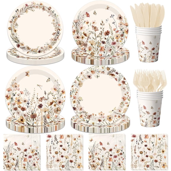 144Pcs Wildflower Party Decorations Plates and Napkins Floral Paper Plates Napkins Cups Butterfly Wildflower Plates Set for Birthday Bridal Shower Tea Garden Party Decor Serve 24 VT4
