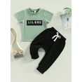 thumbnail image 2 of Bagilaanoe 2pcs Newborn Baby Boy Long Pants Set Letter Print Short Sleeve T-Shirt Tops + Flare Trousers 3M 6M 9M 12M 18M 24M Infant Casual Outfits, 2 of 9