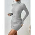 thumbnail image 3 of Women'S Rib Knit Ruched Long Sleeve Short Bodycon Dresses High Neck Slim Fit High Waist Sweater Dress Light Gray S, 3 of 7