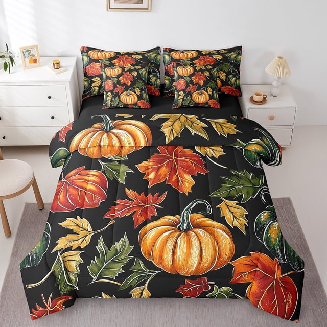 Ensemble Douillette 7 Pcs Feuilles d'Automne Décor Citrouille Lit Double Tout-en-un, Ensemble de Literie Feuille d'Érable Colorée Style Ferme Action de Grâce Récolte Ensemble de Draps avec Douillette, Ensemble de Lit Décor d'Automne