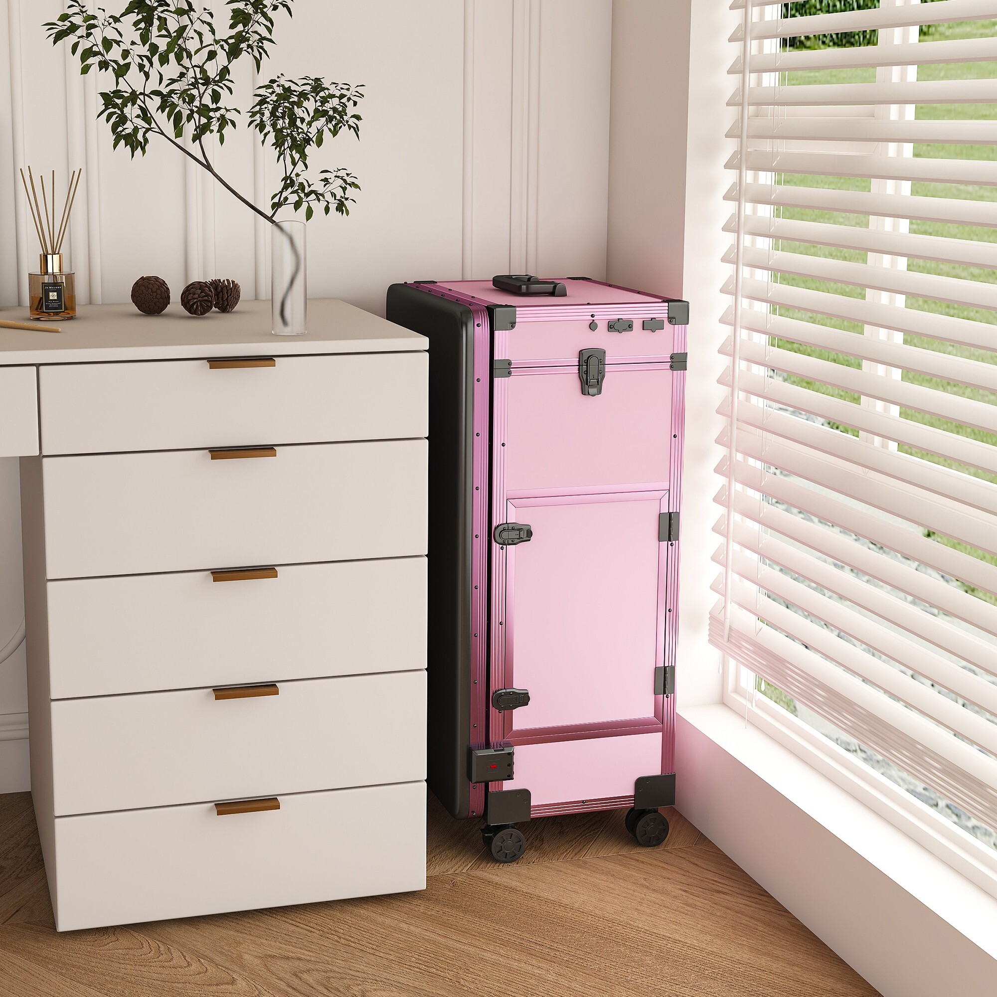 AENKYO All-in-One Portable Nail Table w/ LED Mirror, Bluetooth Speaker | Salon & Home Manicure Station, Black with Pink