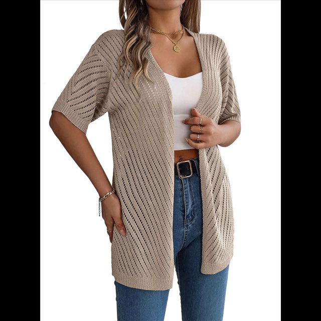 Cárdigan de Verano para Mujer, Corta, Cuello en V, Crochet, Suelto, Frontal Abierto, , para Cubrirse. Caqui XL