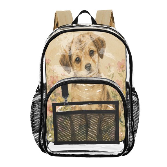 PVC Transparent Backpacks Clear Backpack for Travel and Outings Cute Dog and Watercolor Floral
