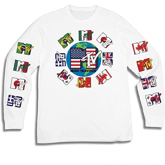 Mens MTV Long Sleeve Shirt - #TBT Mens 1980's 1990'S Clothing - I Want My MTV Music Television T-Shirt MTV Flags, Small