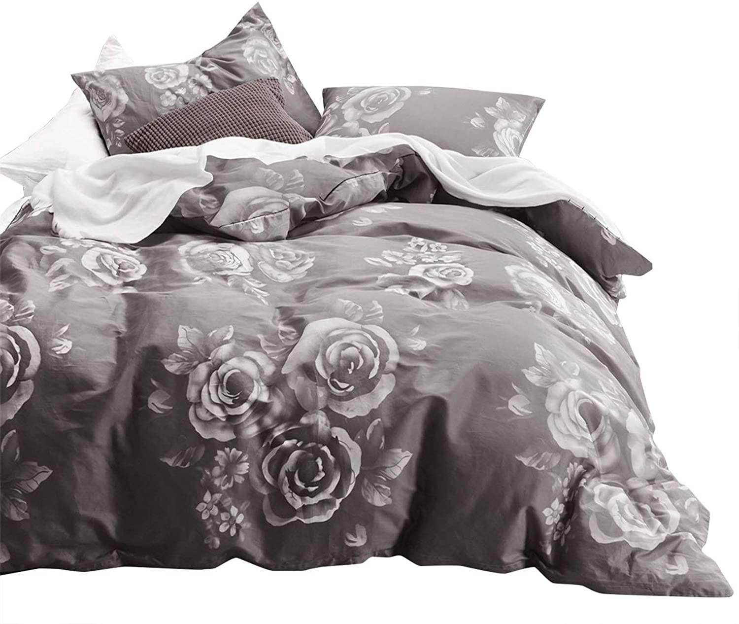 Gray Floral Duvet Cover Set, 100% Cotton Bedding, White Rose Flowers  Pattern Printed on Dark Grey, with Zipper Closure (3pcs, King Size)