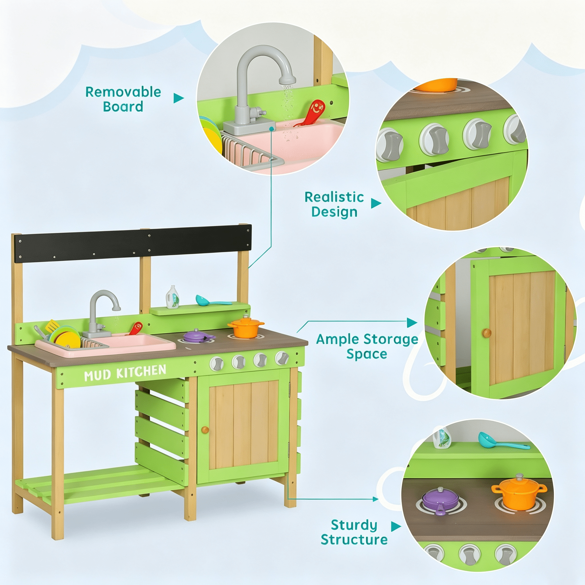 Wooden Kids Play Kitchen, Outdoor Mud Kitchen with Water Play Set and Cooking Toys, Storage Cabinet & Drawer, Pretend Role Play Gift for Boys Girls Ages 3-8