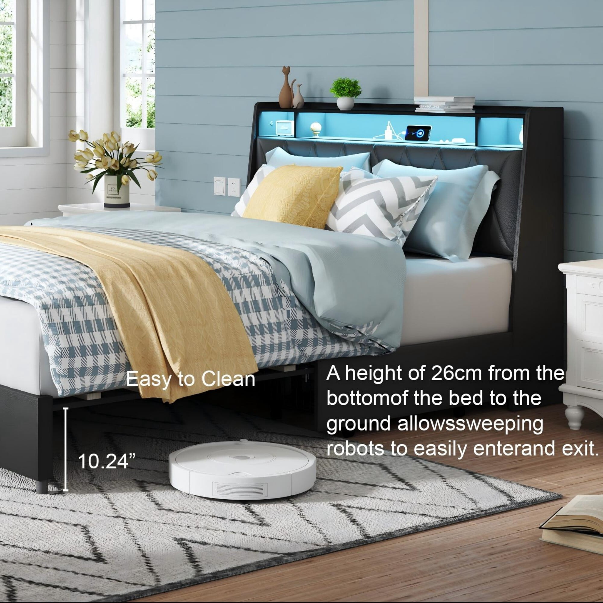 AENKYO Full Size Bed Frame with LED Lights, Upholstered Storage Headboard & 4 Drawers, and Built-in Charging Station, Black