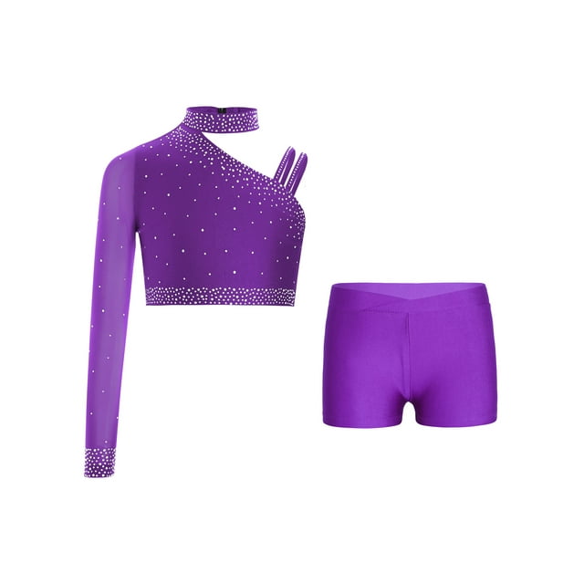 YONGHS Kids Girls Rhinestones Dance Outfit Crop Top with Shorts Jazz Hip Hop Dance Performance Costume Purple 14