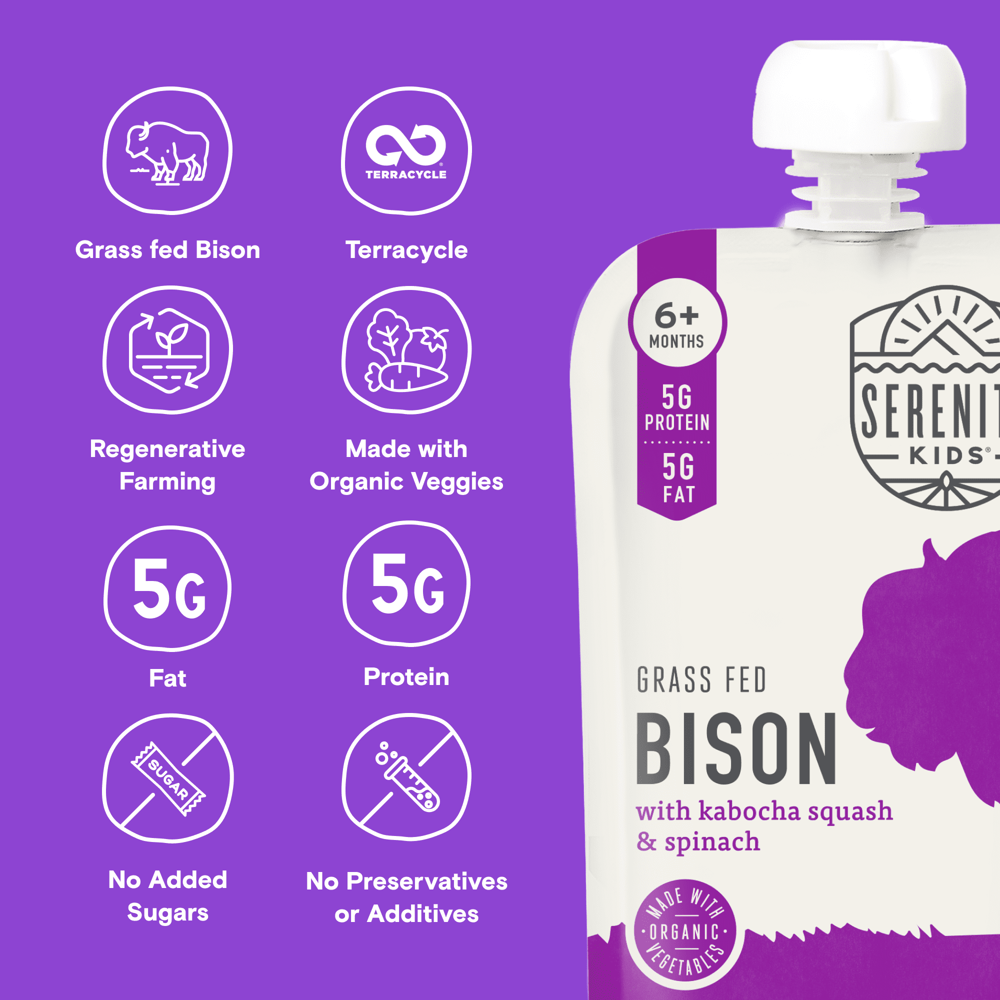 (6 Pack) Serenity Kids Grass Fed Bison with Organic Kabocha Squash & Spinach Stage 2, 6+ Months