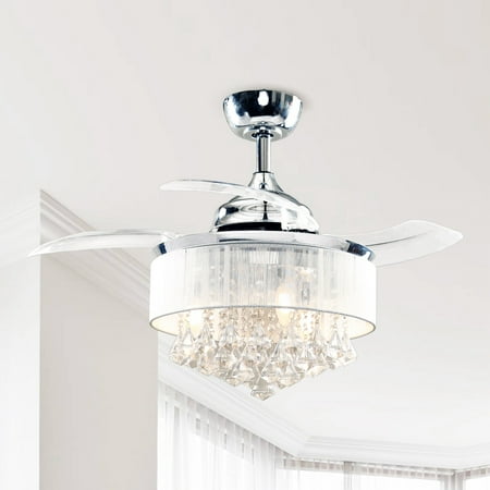 

42 Retractable Ceiling Fan with Light，Crystal Invisible Fan Light with Bluetooth Music Player Remote And APP Control For Living Room Bedroom Dining Room 3 Timing Options Chrome