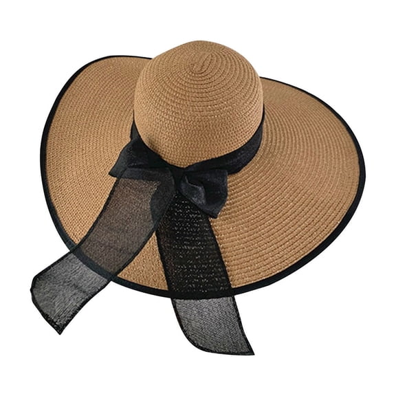 Fewfanhot Women's Wide Brim Straw Sun Hat with Black Chiffon Bow, Foldable UPF-Protection Summer Beach Hat for Vacation, Wedding Outdoor Events