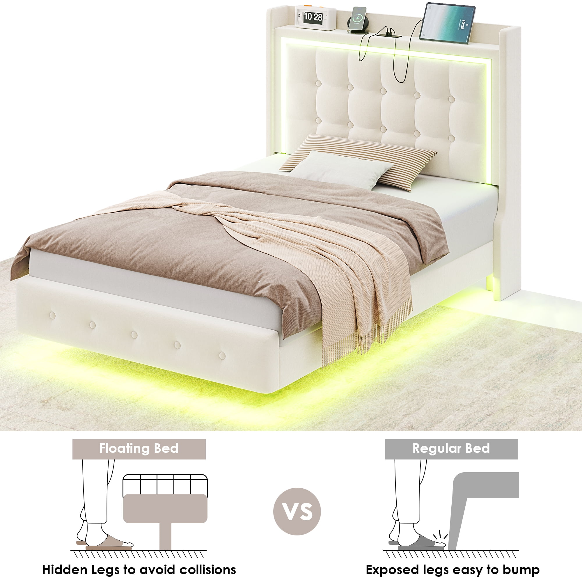 Homfa Twin Size Floating Bed Frame with RGB LED Lights Charging Station, Modern Velvet Upholstered Platform Bed Frame with Storage Headboard, Off-White