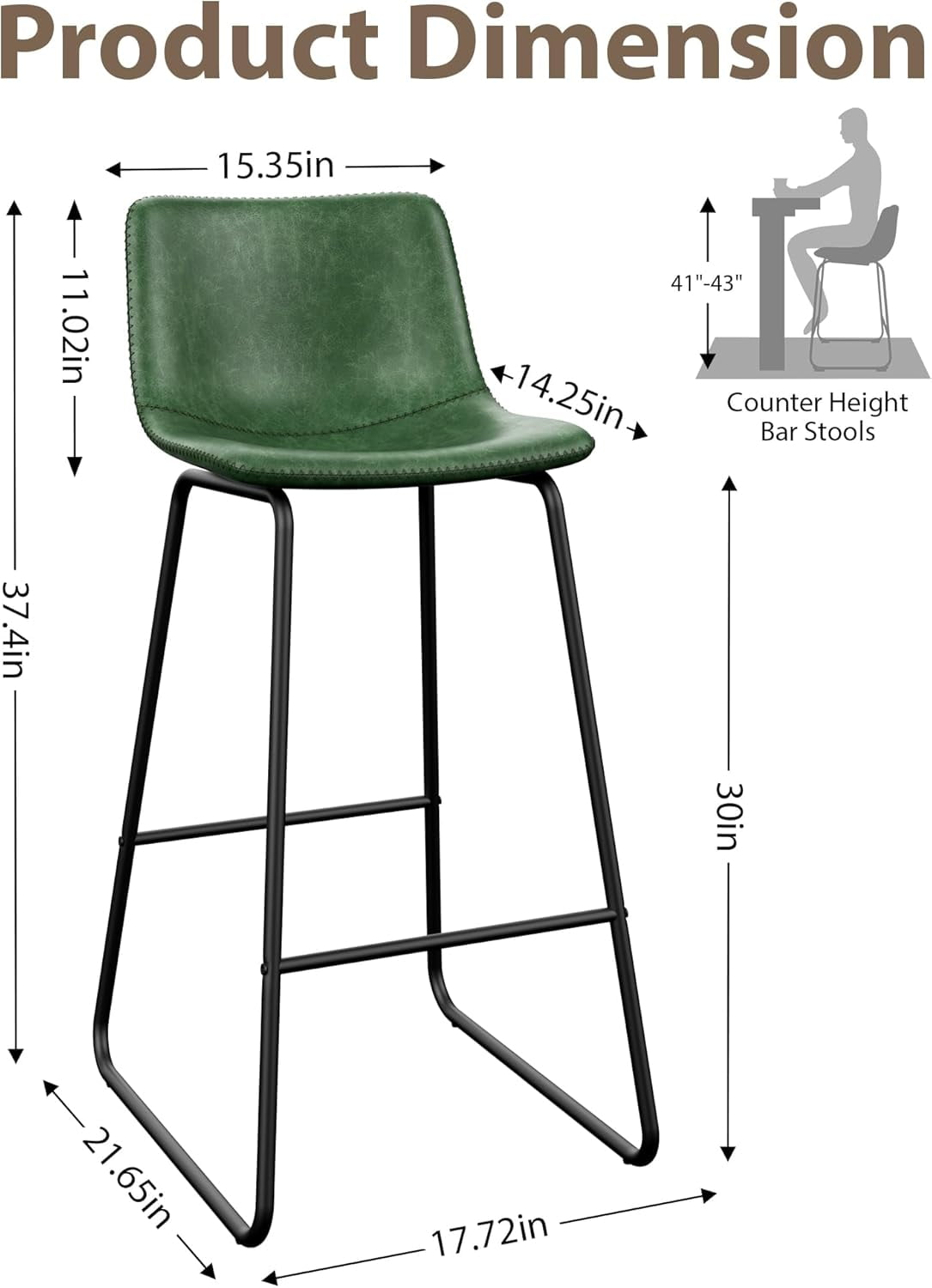 LainTene 30" Bar Stools Set of 3 – Faux Leather Counter Height Stools with Backrest & Footrest, Heavy-Duty Metal Frame for Kitchen, Bar, Living Room, Green