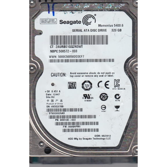 ST9320325AS, 6VD, SU, PN 9HH13E-022, FW 0005HPM1, Seagate 320GB SATA 2.5 Hard Drive