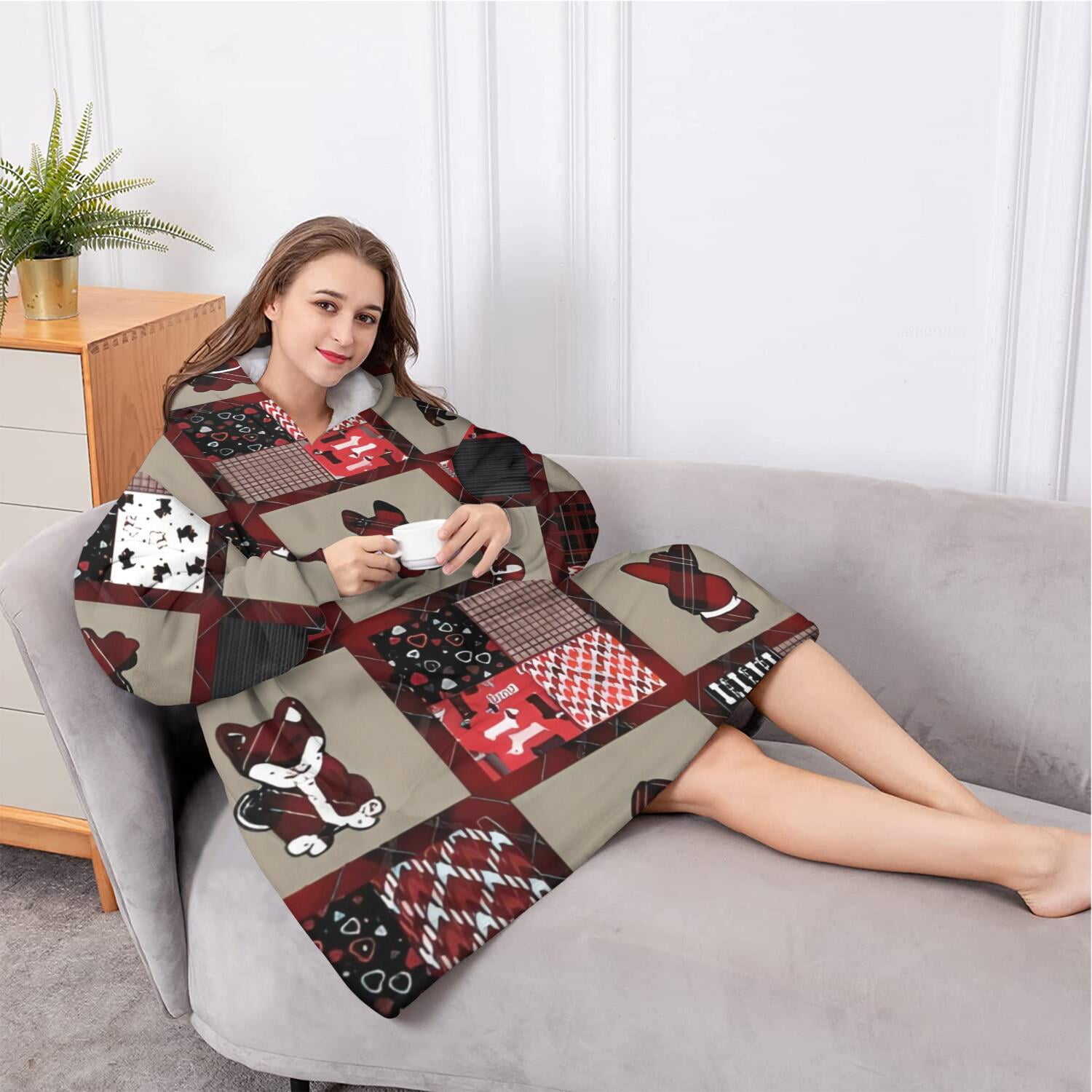 Oversized Wearable Blanket Hoodie,Red Plaid Dog Jigsaw Puzzle Sherpa Blanket Hoodie with Super Pockets,Super Warm Fuzzy Pullover for Women & Men