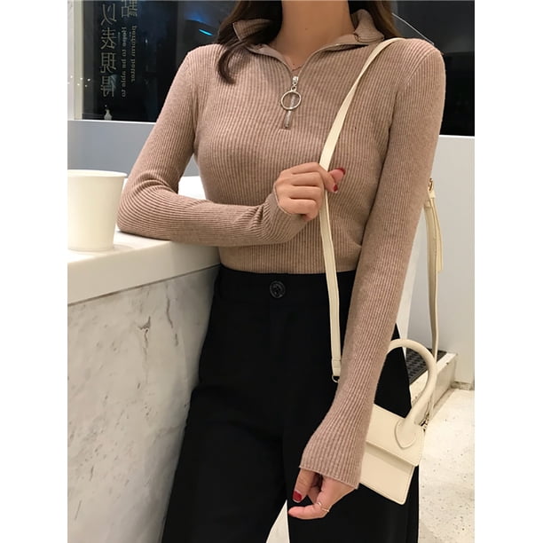 Suéter de cuello alto con cremallera para mujer, jersey de punto, cuello alto, básico, para otoño e invierno, ajustado, color negro, 2024
