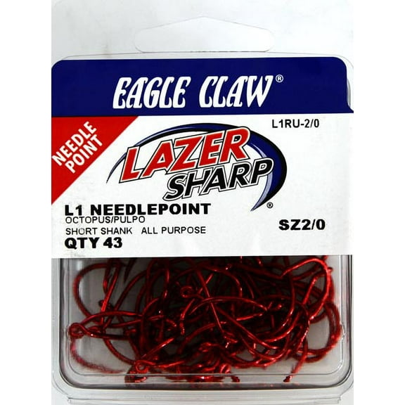 Lazer Sharp L1RUH-2/0 Octopus Short Shank Fishing Hook, Red, Size 2/0, 43 Pack